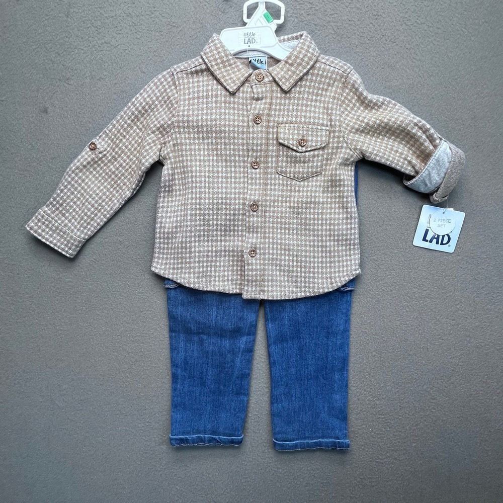 NWT Little Lad 2 Piece Set Plaid Button Down Shirt Jeans Toddler Boys 2T